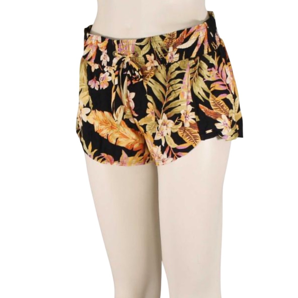 Rip Curl Black Floral Print Shorts Womens Size S Elastic Waist Beach Casual - Picture 1 of 6